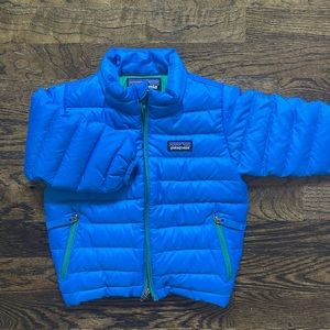 Patagonia blue puffer jacket; size 6-12 months